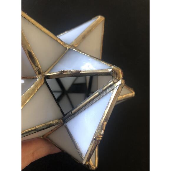 Vtg Stained Glass Moravian Star Hanging Light Holder Hinged Door Missing 1 Panel - Picture 5 of 7